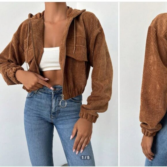 Zaful Brown Ribbed Cropped Hoodie Women's Large Corduroy Jacket - Picture 16 of 16
